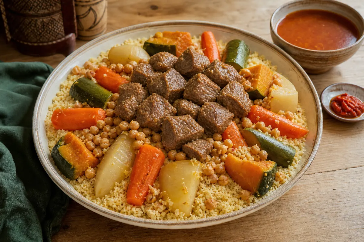 Cuscuz argelino servido com cordeiro e legumes