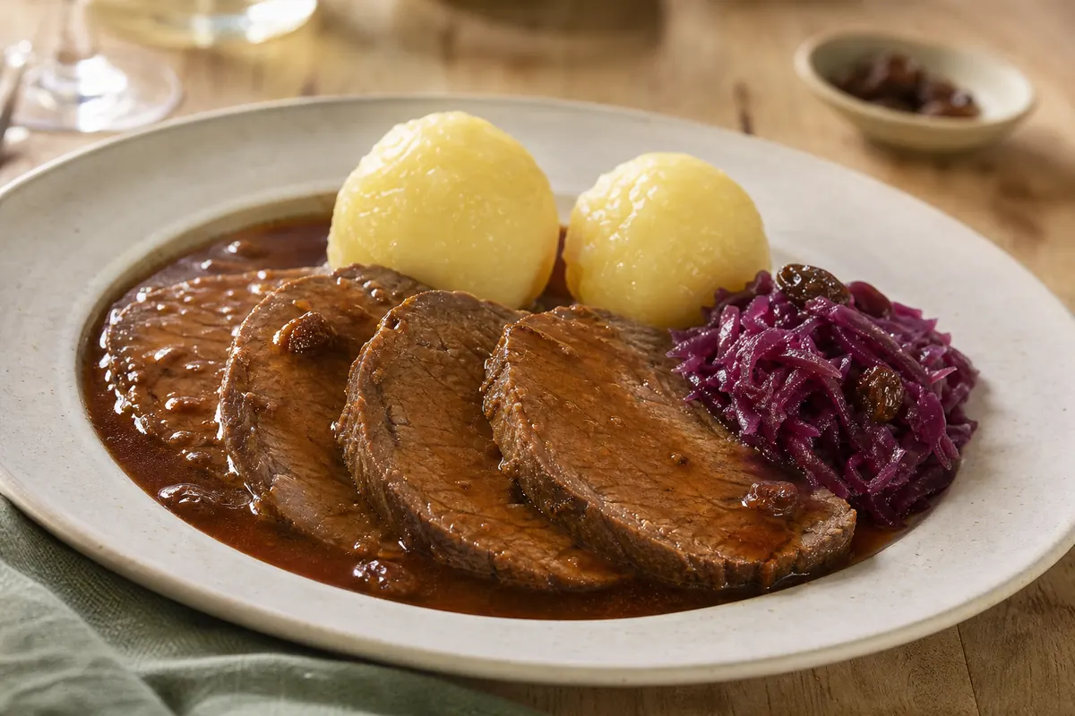 Sauerbraten alemão fatiado e servido com molho