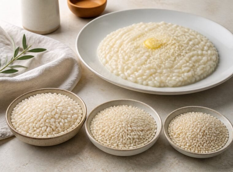 Três porções de arroz cru para risoto ao lado de um risoto cremoso servido em prato claro