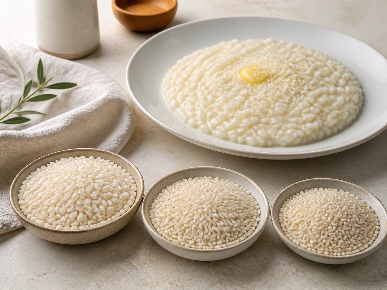 Três porções de arroz cru para risoto ao lado de um risoto cremoso servido em prato claro