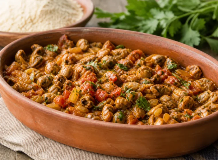 Berbigão ensopado em molho curto de tomate, alho e cheiro-verde