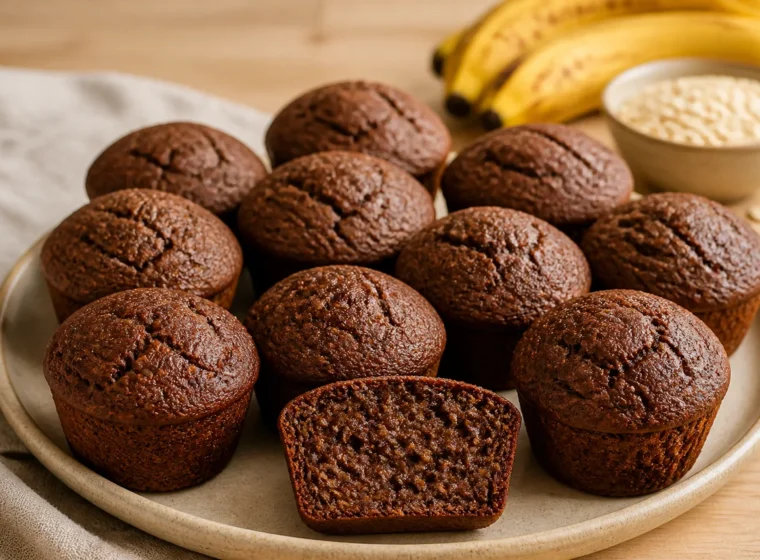 Bolinhos assados de banana, cacau e aveia servidos em prato de cerâmica