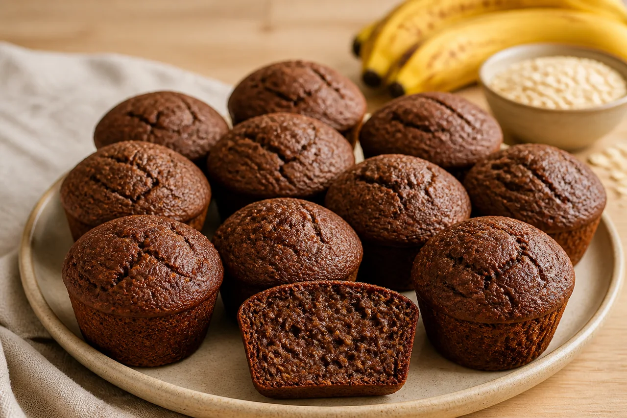 Bolinhos assados de banana, cacau e aveia servidos em prato de cerâmica