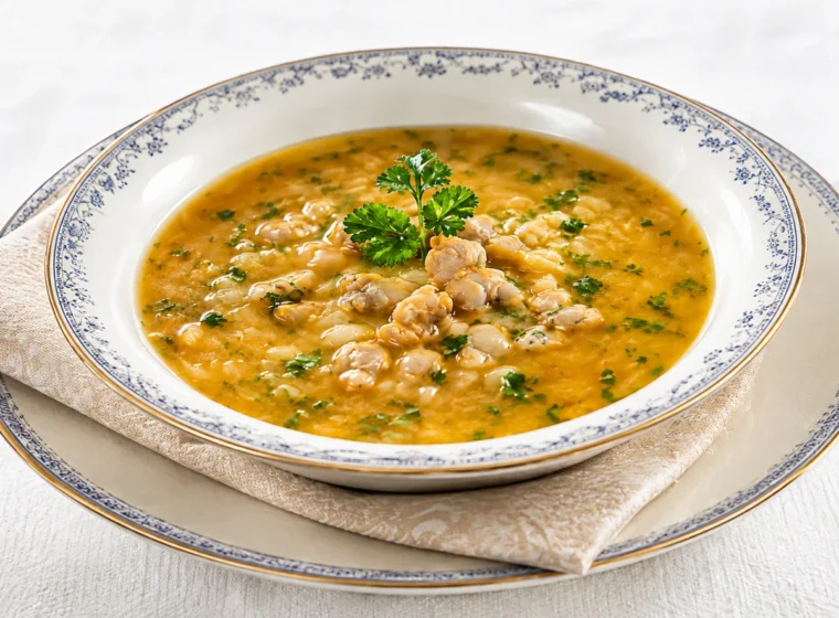Caldo de berbigão dourado servido em prato fundo com cheiro-verde