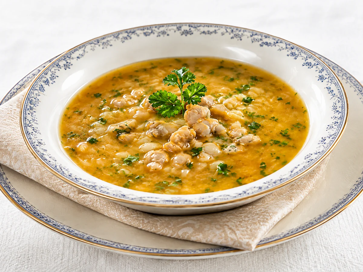 Caldo de berbigão dourado servido em prato fundo com cheiro-verde