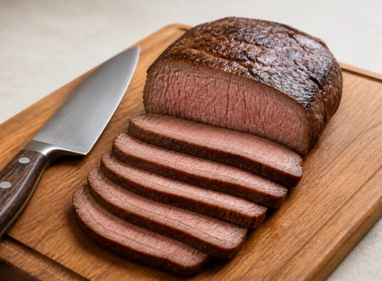 Fatias de carne cortadas contra as fibras sobre tábua de cozinha