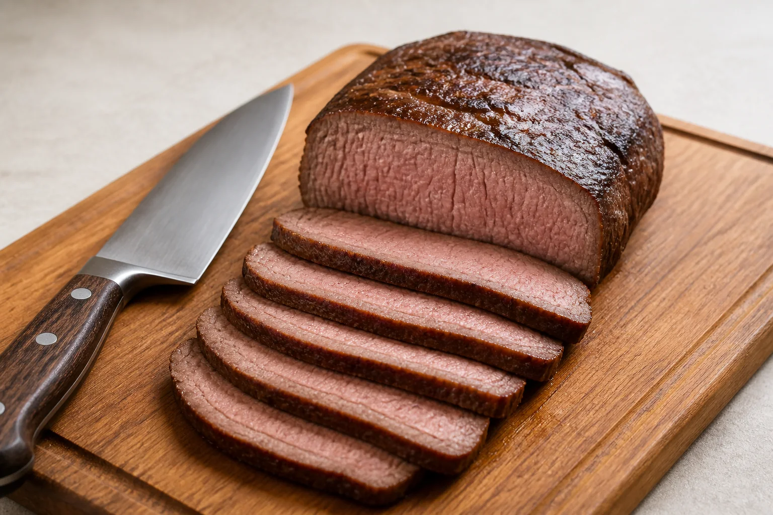 Fatias de carne cortadas contra as fibras sobre tábua de cozinha
