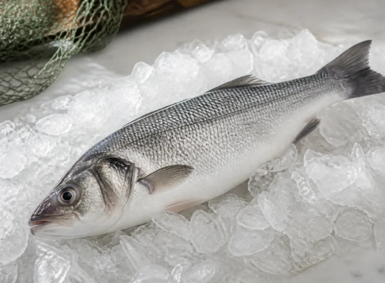 Peixe inteiro fresco conservado sobre uma camada de gelo limpo