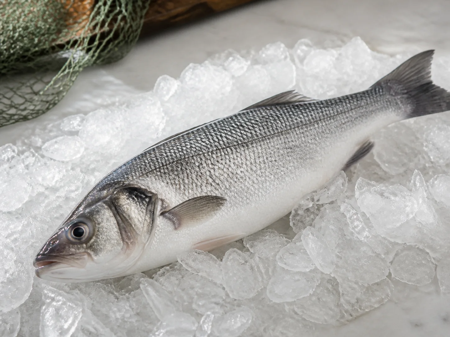 Peixe inteiro fresco conservado sobre uma camada de gelo limpo