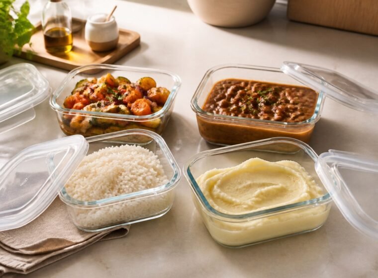 Porções de comida cozida distribuídas em recipientes rasos de vidro com tampas