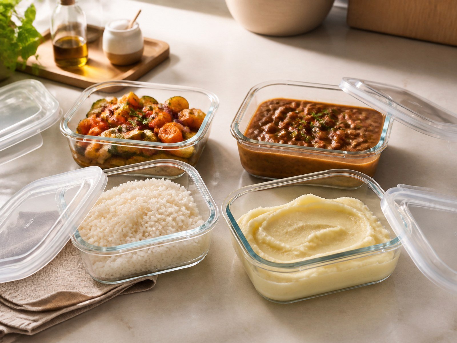 Porções de comida cozida distribuídas em recipientes rasos de vidro com tampas