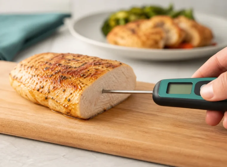 Termômetro culinário digital inserido na parte mais espessa de um alimento