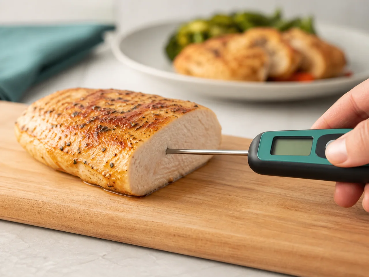 Termômetro culinário digital inserido na parte mais espessa de um alimento