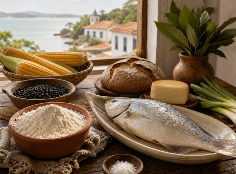 Peixe, farinha de mandioca, milho, feijão, pão e queijo reunidos em uma mesa diante de uma paisagem costeira