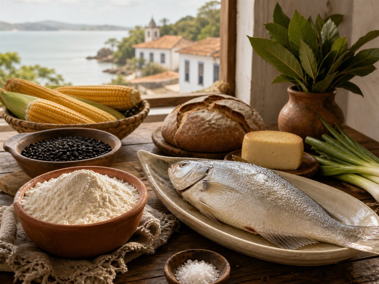 Peixe, farinha de mandioca, milho, feijão, pão e queijo reunidos em uma mesa diante de uma paisagem costeira