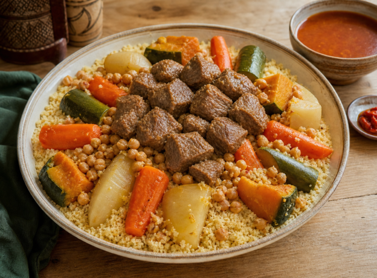 Cuscuz de sêmola com cordeiro, grão-de-bico e legumes em uma travessa grande