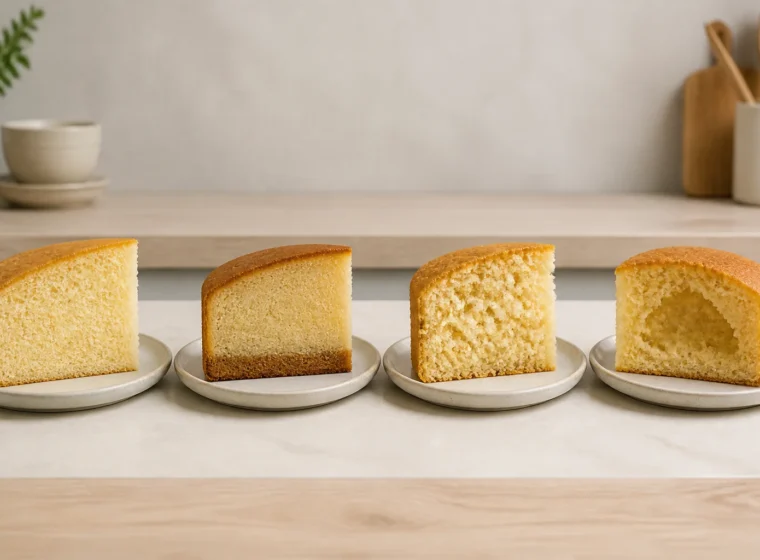 Fatias de bolo simples com miolo fofo, seco, solado e com centro úmido para comparação