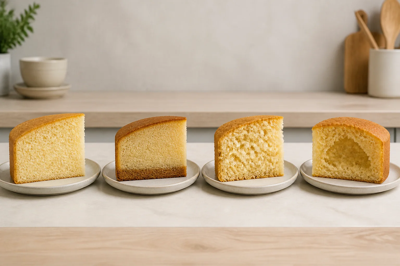 Fatias de bolo simples com miolo fofo, seco, solado e com centro úmido para comparação