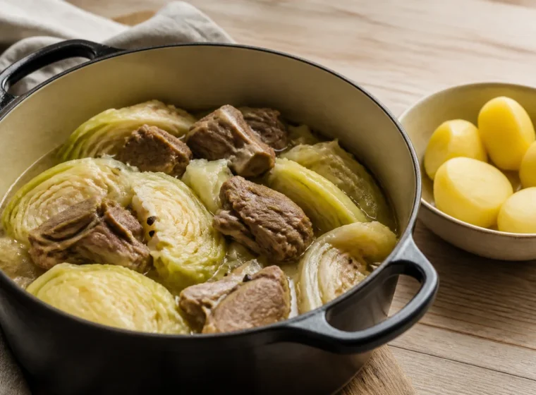 Fårikål norueguês com cordeiro, repolho e pimenta inteira em panela