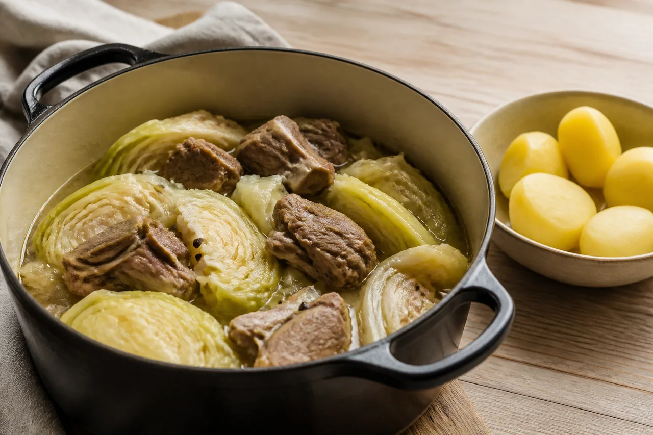 Fårikål norueguês com cordeiro, repolho e pimenta inteira em panela