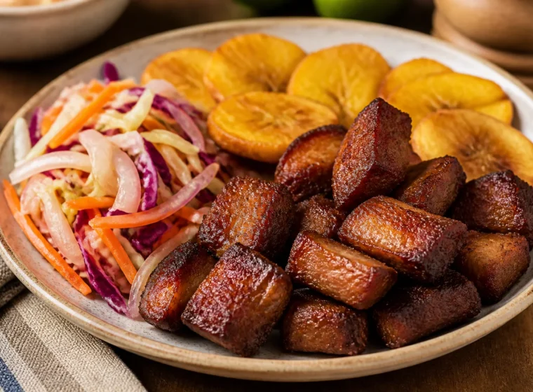 Cubos dourados de Griot haitiano servidos com pikliz e banana-da-terra