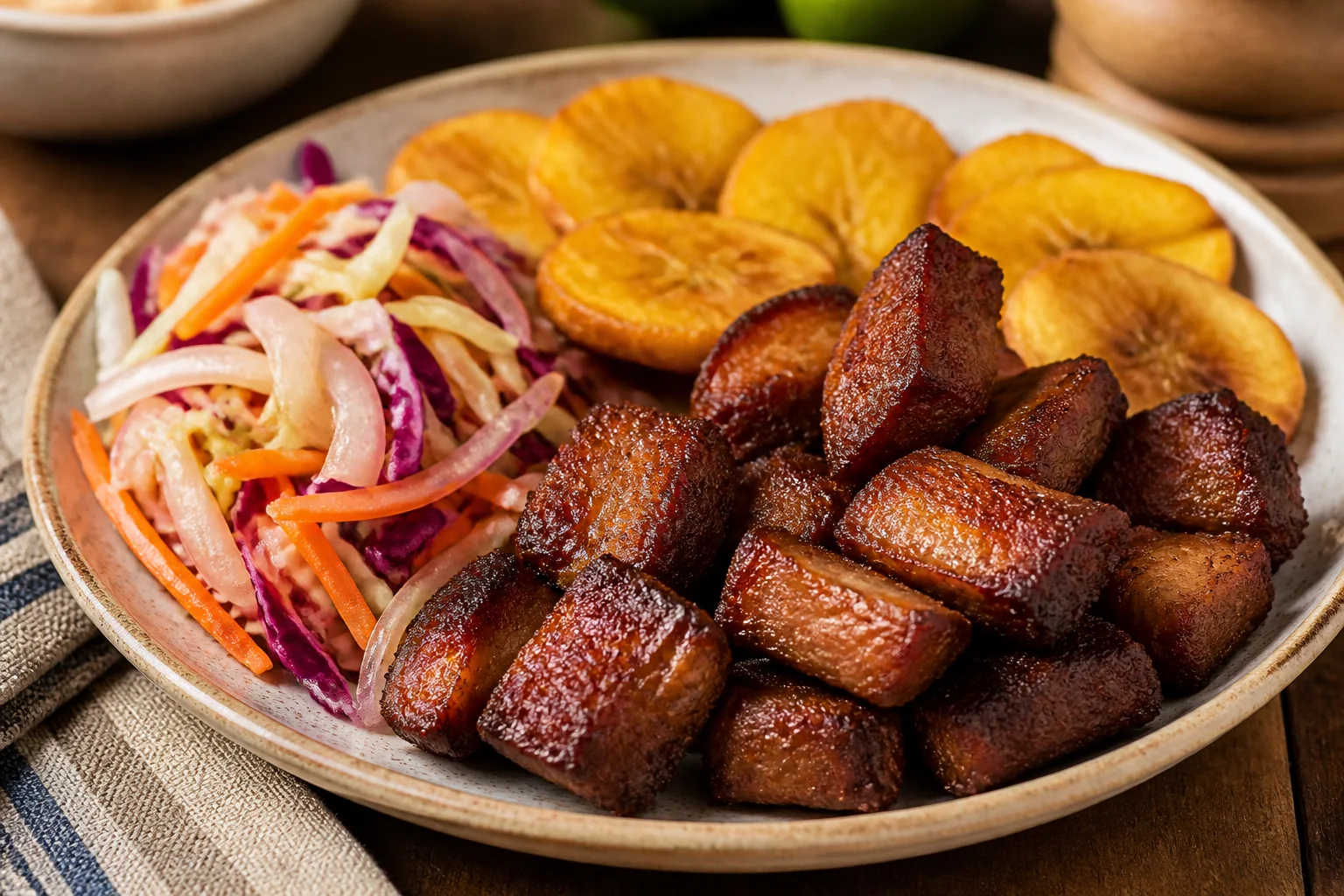 Cubos dourados de Griot haitiano servidos com pikliz e banana-da-terra