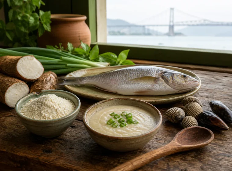Farinha de mandioca, peixe, moluscos e utensílios sobre mesa com a Ponte Hercílio Luz desfocada ao fundo