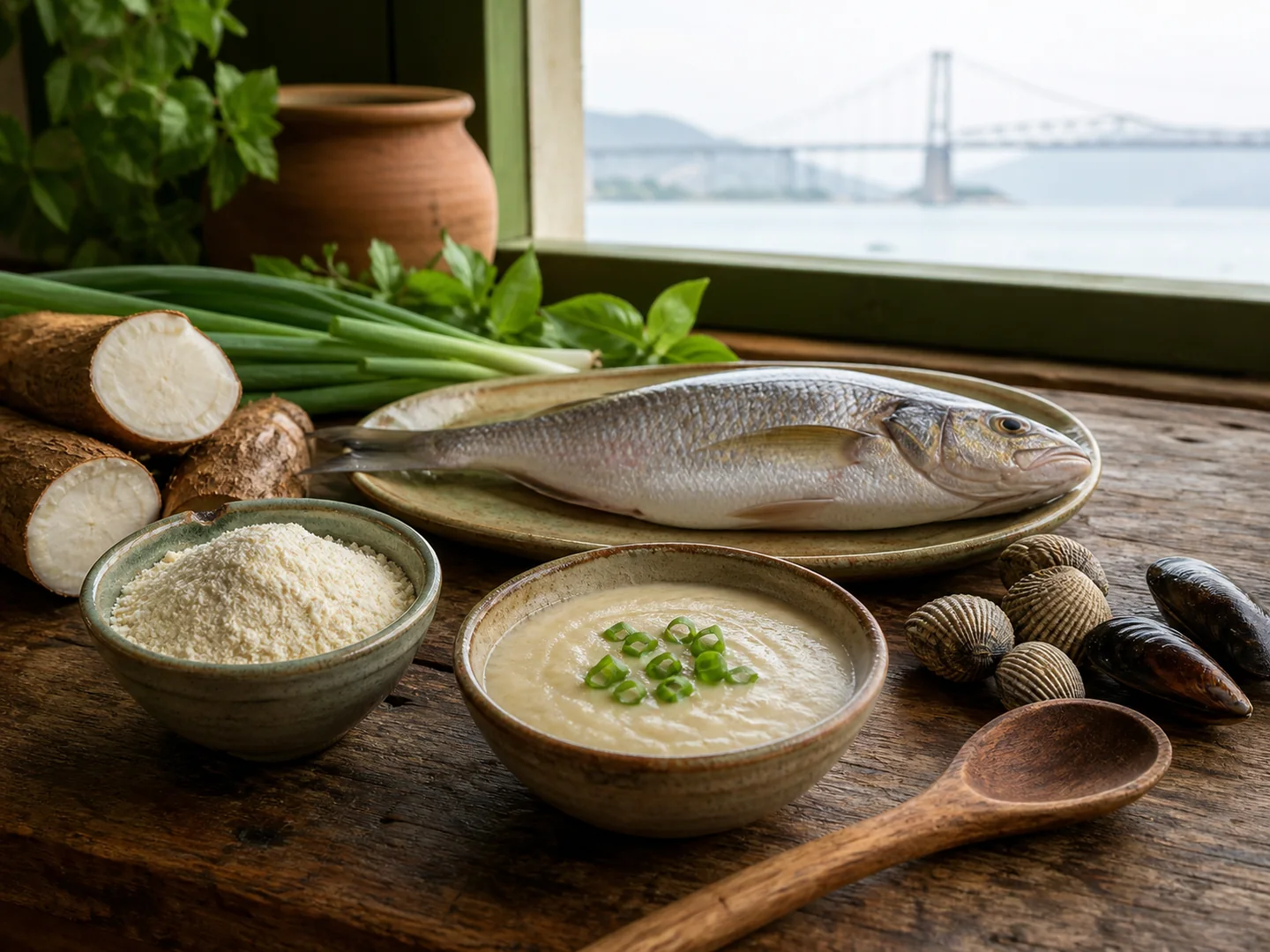 Farinha de mandioca, peixe, moluscos e utensílios sobre mesa com a Ponte Hercílio Luz desfocada ao fundo