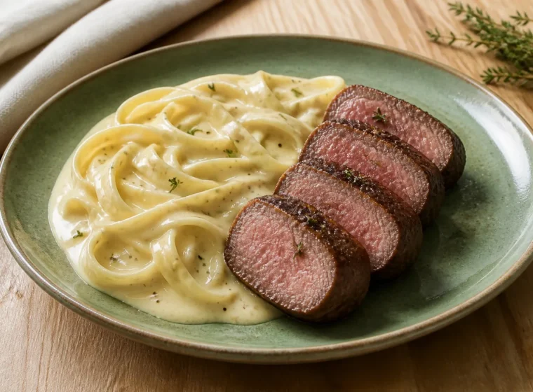 Massa ao creme de gorgonzola servida com medalhões de filé-mignon fatiados