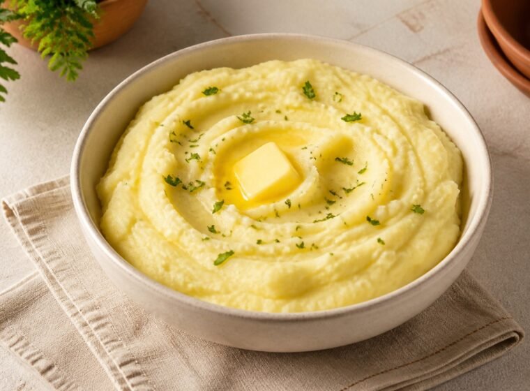 Purê de batata cremoso servido em tigela clara com manteiga derretendo