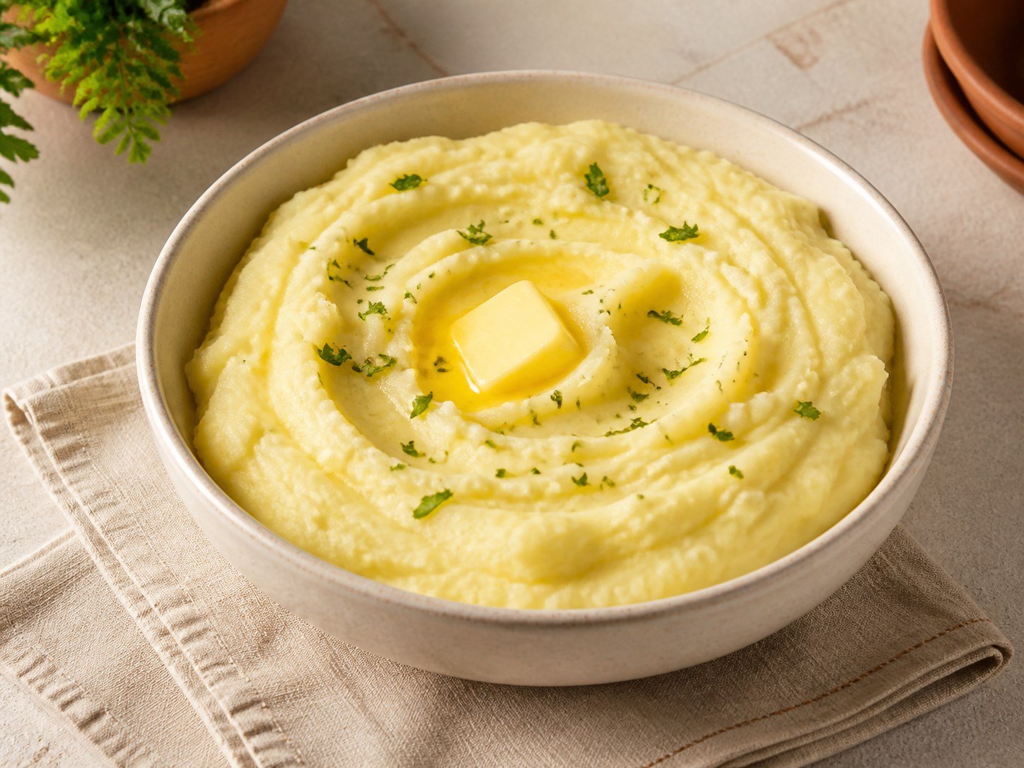 Purê de batata cremoso servido em uma tigela