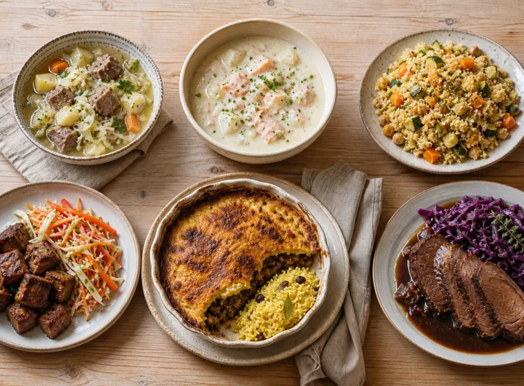 Mesa vista de cima com seis pratos de diferentes cozinhas do mundo