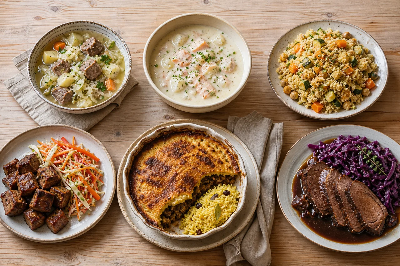 Mesa vista de cima com seis pratos de diferentes cozinhas do mundo