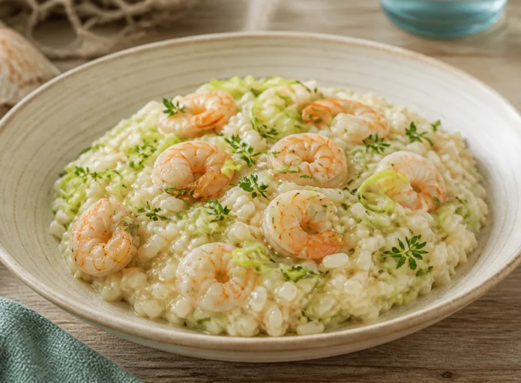 Risoto cremoso de camarão com alho-poró servido em prato claro