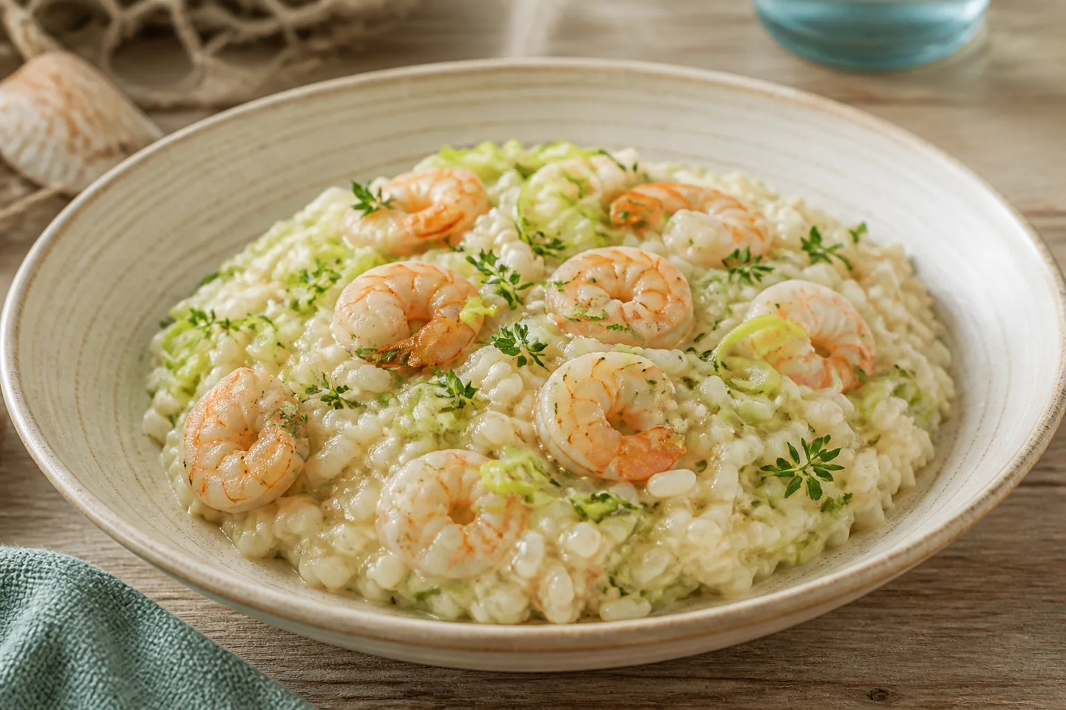 Risoto cremoso de camarão com alho-poró servido em prato claro
