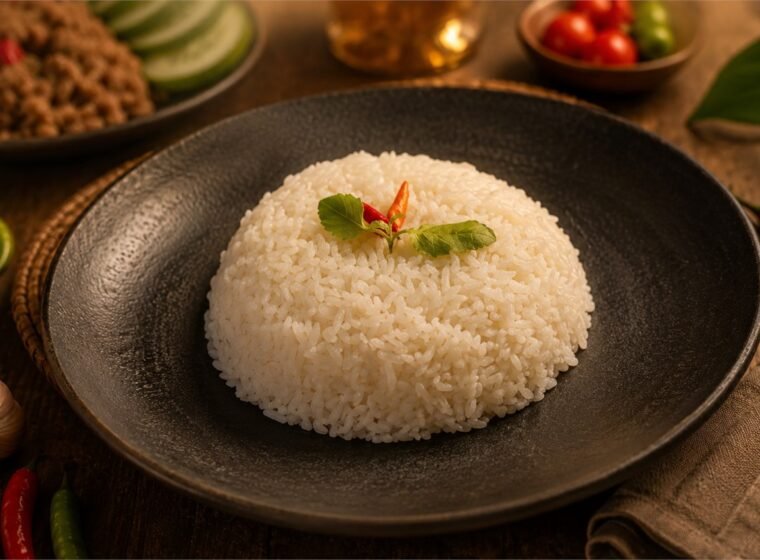 Arroz branco soltinho servido em prato preto sobre mesa de madeira