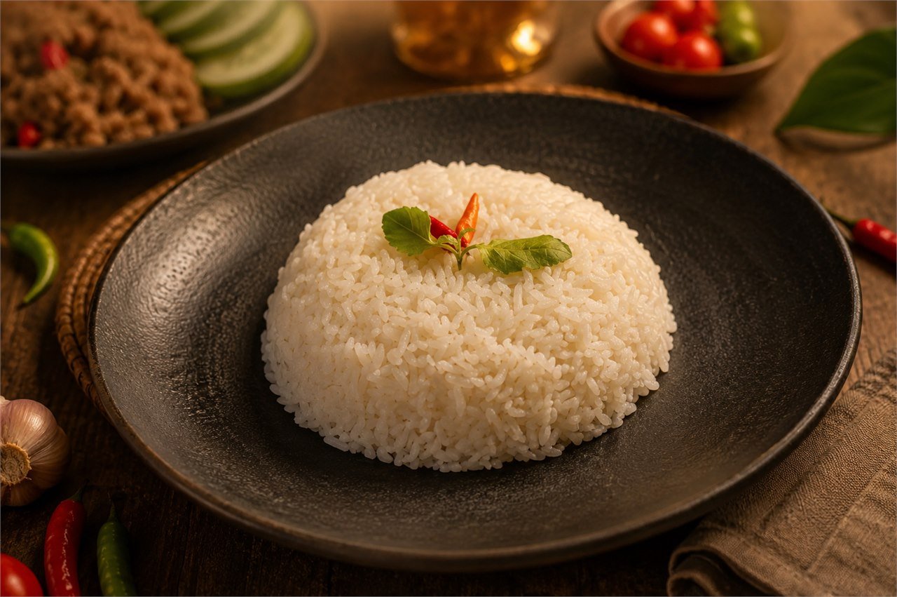 Arroz branco soltinho servido em prato preto sobre mesa de madeira