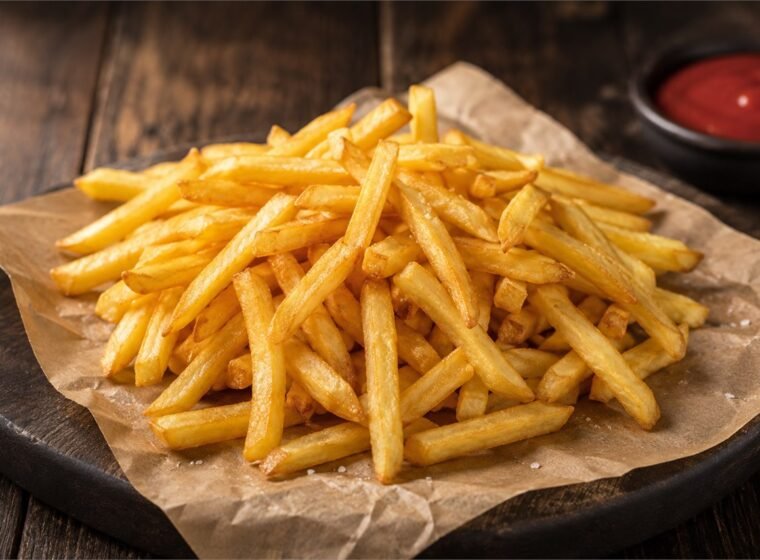 Batatas fritas douradas e crocantes servidas sobre papel