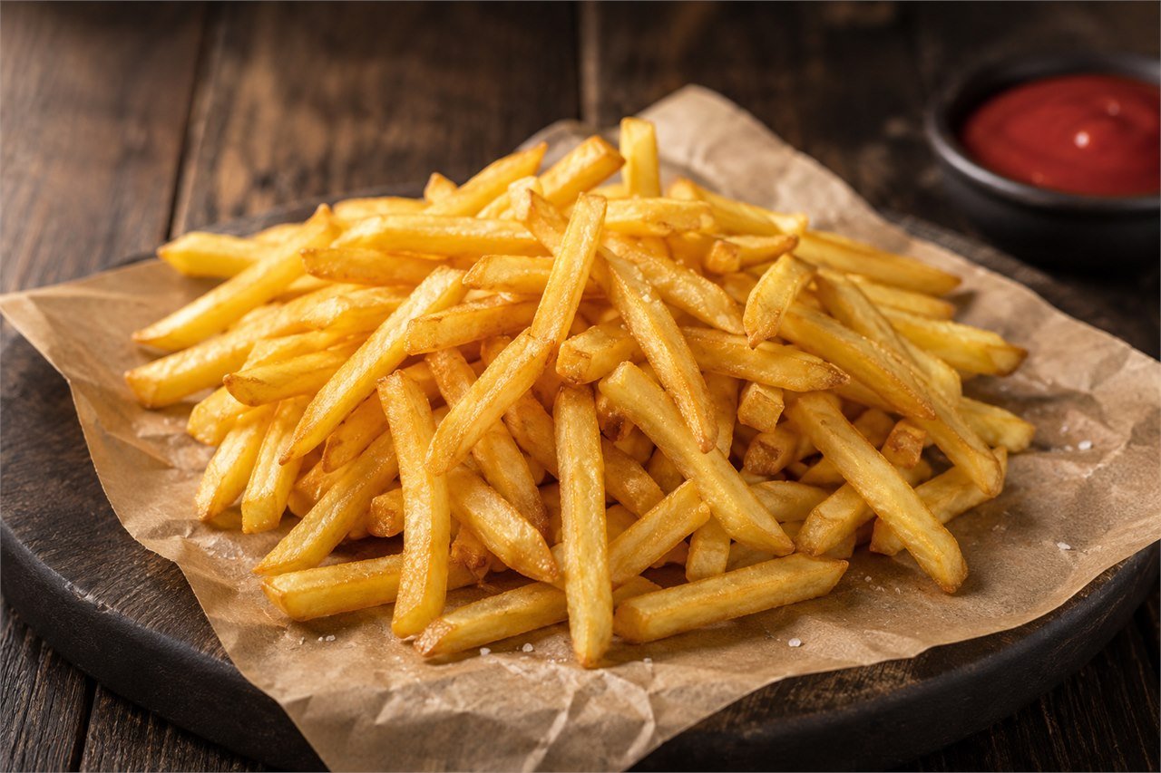 Batatas fritas douradas e crocantes servidas sobre papel
