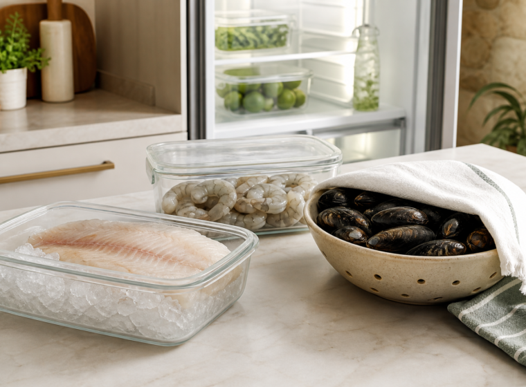 Peixe, camarão e mexilhões separados em recipientes adequados para refrigeração