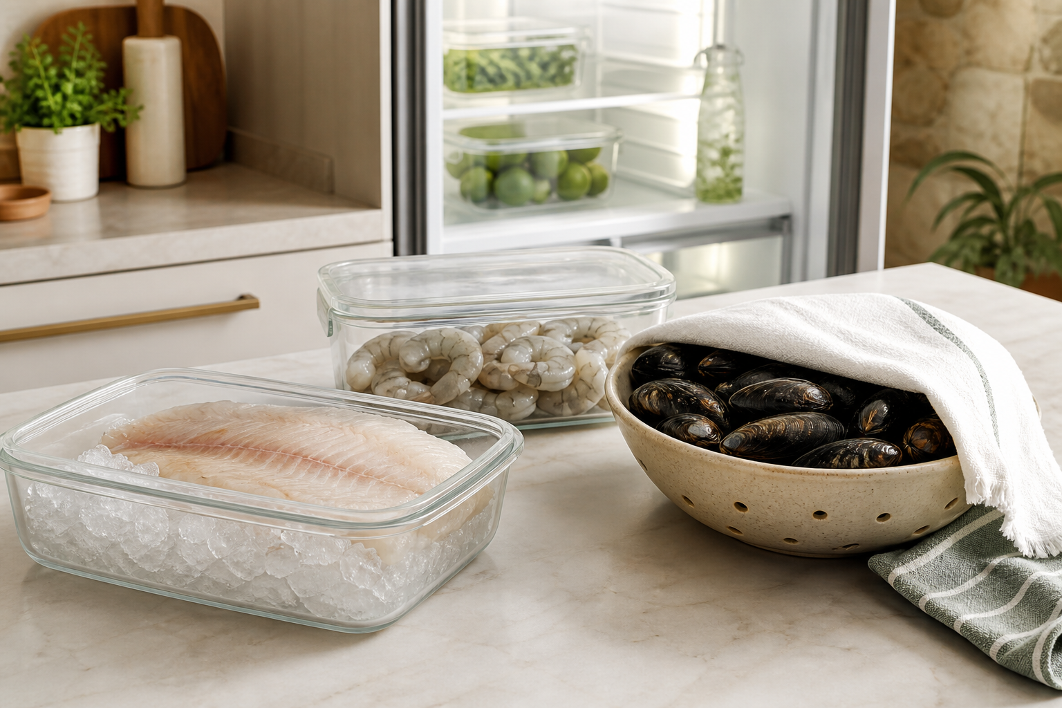 Peixe, camarão e mexilhões separados em recipientes adequados para refrigeração